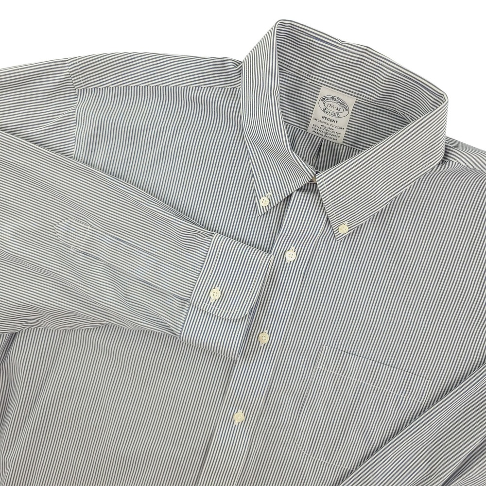Brooks‎ Brothers Dress Shirt Mens 17.5 34/35 Blue Stripe Regent Non Iron Stretch